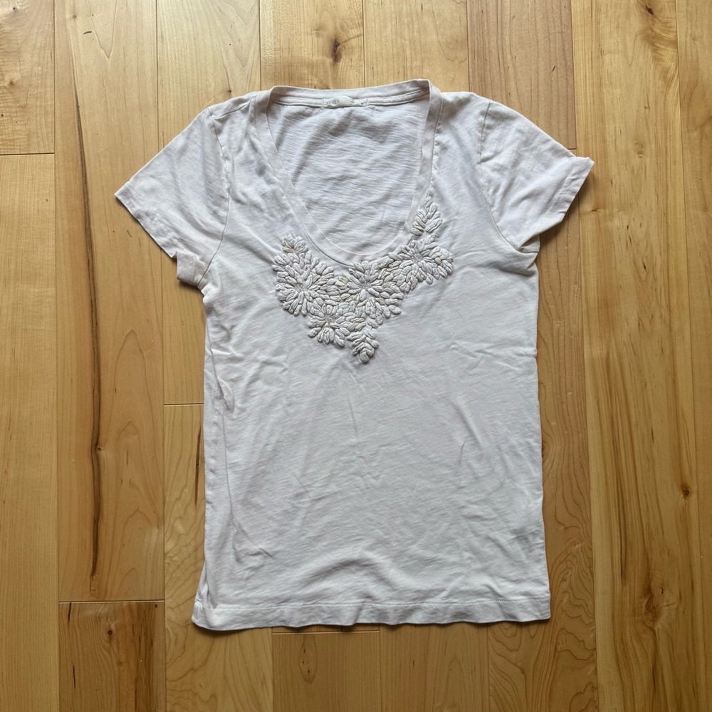 J. Crew White Embellished Short Sleeve V-neck T-Shirt